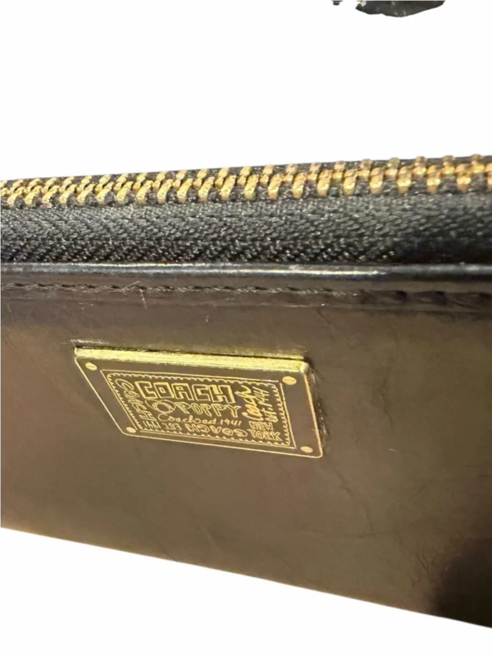 Coach Poppy Black Leather Zip Wallet with Gold Plaque